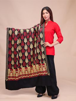 SWI STYLISH - Womens Black Aari Embroidered Wool Shawl