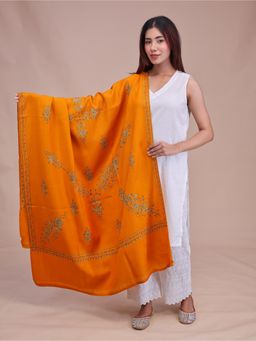 SWI STYLISH - Womens Mustard Hand Embroidered Pure Wool Shawl