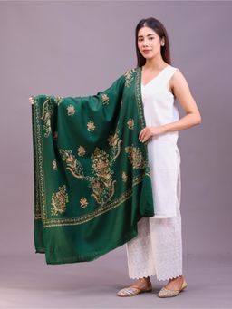SWI STYLISH - Womens Bottle Green Hand Embroidered Pure Wool Shawl