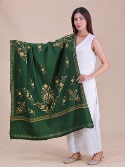 SWI STYLISH - Womens Bottle Green Hand Embroidered Pure Wool Shawl