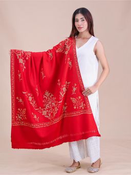 SWI STYLISH - Womens Red Hand Embroidered Pure Wool Shawl