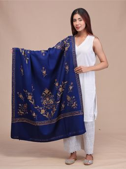 SWI STYLISH - Womens Navy Blue Hand Embroidered Pure Wool Shawl