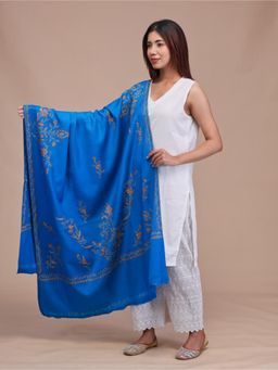SWI STYLISH - Womens Blue Hand Embroidered Pure Wool Shawl
