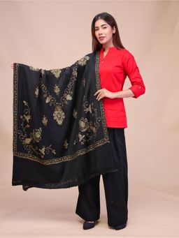 SWI STYLISH - Womens Black Hand Embroidered Pure Wool Shawl