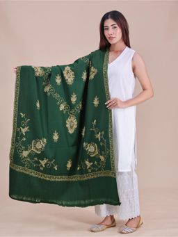 SWI STYLISH - Womens Bottle Green Hand Embroidered Pure Wool Shawl