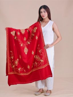 SWI STYLISH - Womens Maroon Hand Embroidered Pure Wool Shawl