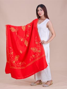 SWI STYLISH - Womens Red Hand Embroidered Pure Wool Shawl