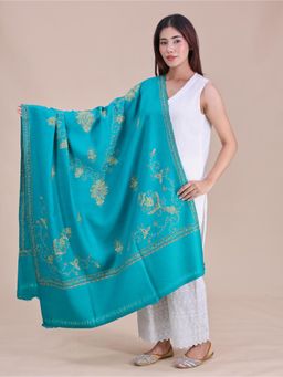 SWI STYLISH - Womens Sea Green Hand Embroidered Pure Wool Shawl