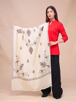 SWI STYLISH - Womens Cream Hand Embroidered Pure Wool Shawl
