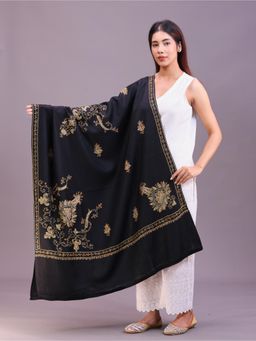 SWI STYLISH - Womens Black Hand Embroidered Pure Wool Shawl
