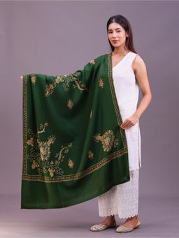 SWI STYLISH - Womens Bottle Green Hand Embroidered Pure Wool Shawl