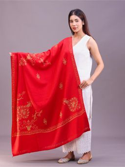SWI STYLISH - Womens Red Hand Embroidered Pure Wool Shawl