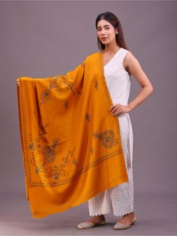 SWI STYLISH - Womens Mustard Hand Embroidered Pure Wool Shawl