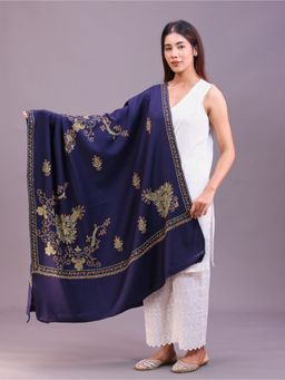 SWI STYLISH - Womens Navy Blue Hand Embroidered Pure Wool Shawl