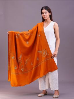 SWI STYLISH - Womens Orange Hand Embroidered Pure Wool Shawl