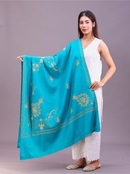 SWI STYLISH - Womens Sea Blue Hand Embroidered Pure Wool Shawl