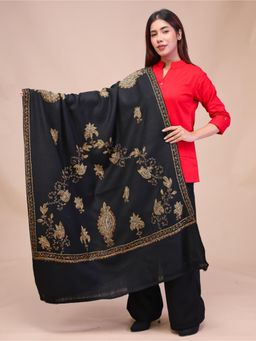SWI STYLISH - Womens Black Hand Embroidered Pure Wool Shawl