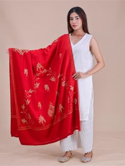 SWI STYLISH - Womens Maroon Hand Embroidered Pure Wool Shawl