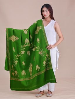 SWI STYLISH - Womens Mehndi Hand Embroidered Pure Wool Shawl