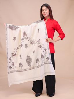 SWI STYLISH - Womens White Hand Embroidered Pure Wool Shawl