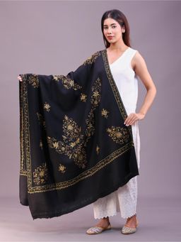 SWI STYLISH - Womens Black Hand Embroidered Pure Wool Shawl