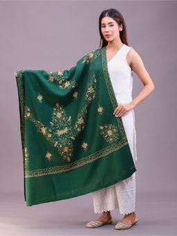 SWI STYLISH - Womens Bottle Green Hand Embroidered Pure Wool Shawl