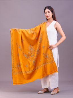 SWI STYLISH - Womens Mustard Hand Embroidered Pure Wool Shawl