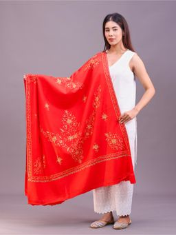 SWI STYLISH - Womens Red Hand Embroidered Pure Wool Shawl