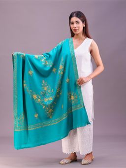 SWI STYLISH - Womens Turquoise Hand Embroidered Pure Wool Shawl