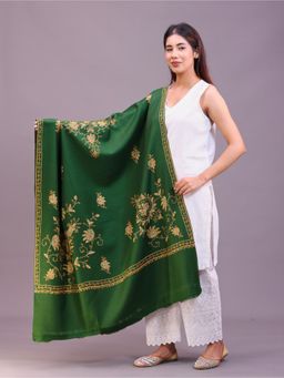 SWI STYLISH - Womens Bottle Green Hand Embroidered Pure Wool Shawl