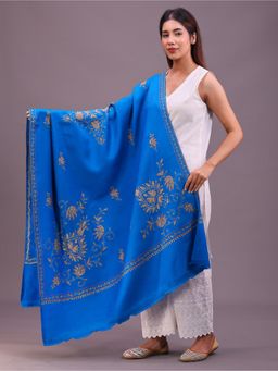 SWI STYLISH - Womens Blue Hand Embroidered Pure Wool Shawl