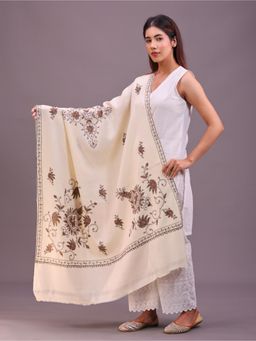 SWI STYLISH - Womens Cream Hand Embroidered Pure Wool Shawl