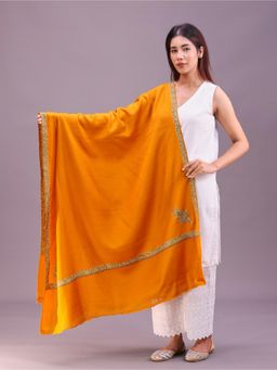 SWI STYLISH - Womens Mustard Hand Embroidered Pure Wool Shawl