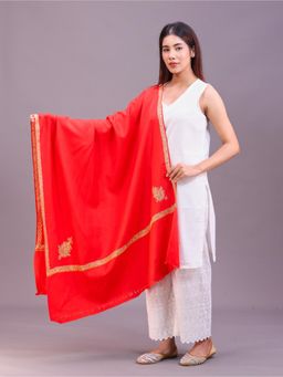 SWI STYLISH - Womens Red Hand Embroidered Pure Wool Shawl