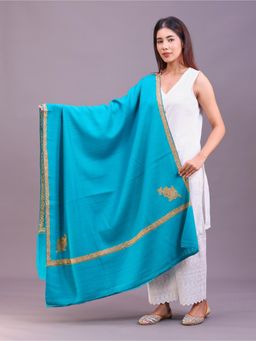SWI STYLISH - Womens Blue Hand Embroidered Pure Wool Shawl