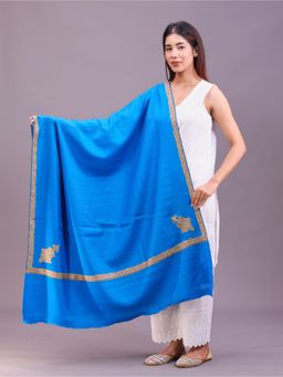 SWI STYLISH - Womens Blue Hand Embroidered Pure Wool Shawl