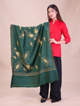 SWI STYLISH - Womens Bottle Green Hand Embroidered Pure Wool Shawl
