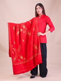 SWI STYLISH - Womens Red Hand Embroidered Pure Wool Shawl