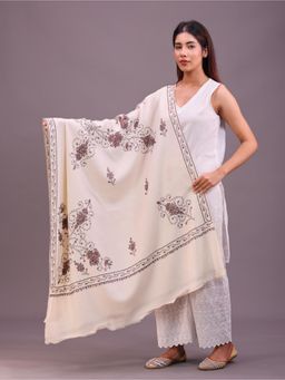 SWI STYLISH - Womens Cream Hand Embroidered Pure Wool Shawl