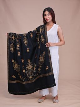 SWI STYLISH - Womens Black Hand Embroidered Pure Wool Shawl