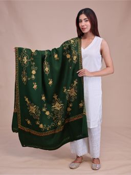 SWI STYLISH - Womens Bottle Green Hand Embroidered Pure Wool Shawl