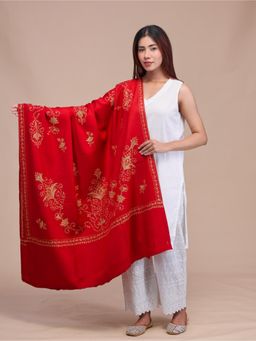 SWI STYLISH - Womens Maroon Hand Embroidered Pure Wool Shawl
