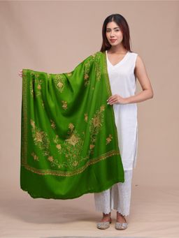 SWI STYLISH - Womens Mehndi Hand Embroidered Pure Wool Shawl