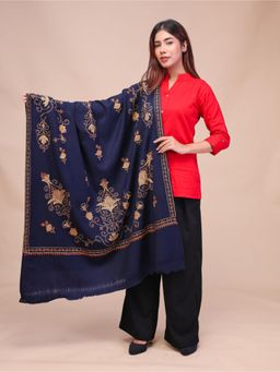 SWI STYLISH - Womens Navy Blue Hand Embroidered Pure Wool Shawl