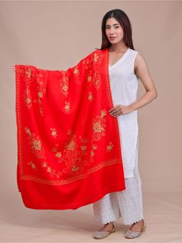 SWI STYLISH - Womens Red Hand Embroidered Pure Wool Shawl