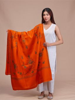 SWI STYLISH - Womens Orange Hand Embroidered Pure Wool Shawl