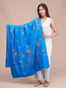 SWI STYLISH - Womens Blue Hand Embroidered Pure Wool Shawl