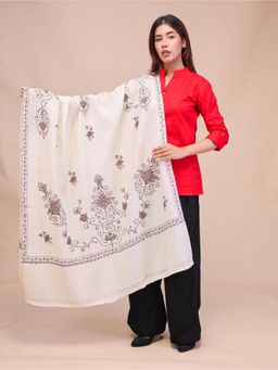 SWI STYLISH - Womens White Hand Embroidered Pure Wool Shawl