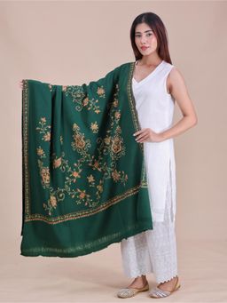SWI STYLISH - Womens Bottle Green Hand Embroidered Pure Wool Shawl