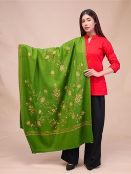 SWI STYLISH - Womens Mehndi Hand Embroidered Pure Wool Shawl